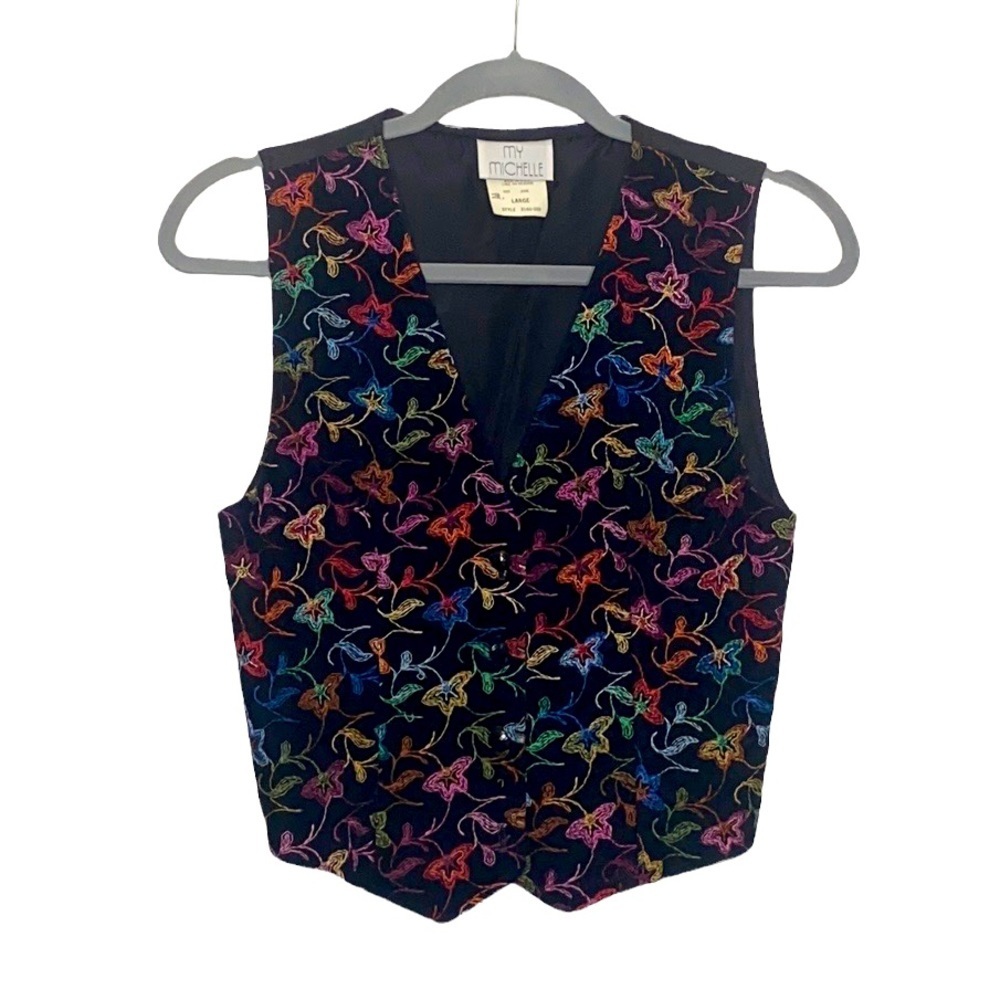 My Michelle Women's Vintage Black Short Button Down Vest Embroidery size Large